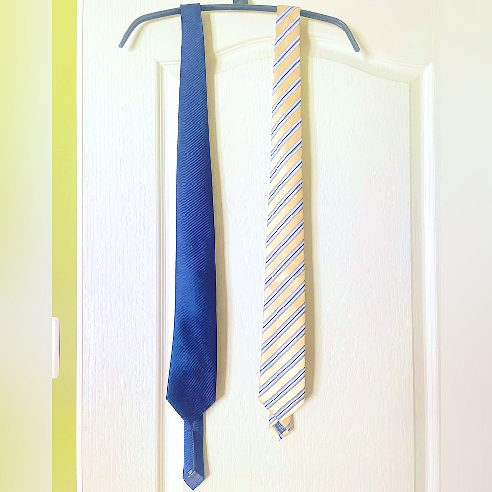 TWO Men’s Polyester Neckties, Solid Navy & Yellow Diagonal Stripe Standard Style